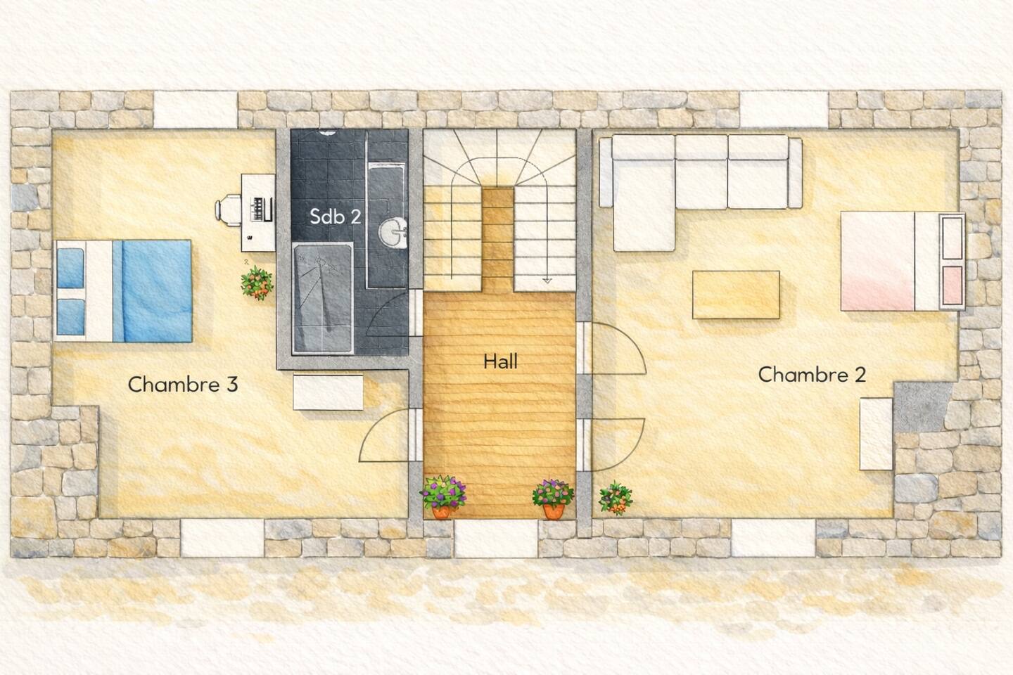 Plan de l'étage : hall, chambre 2, chambre 3 et sa salle de bain