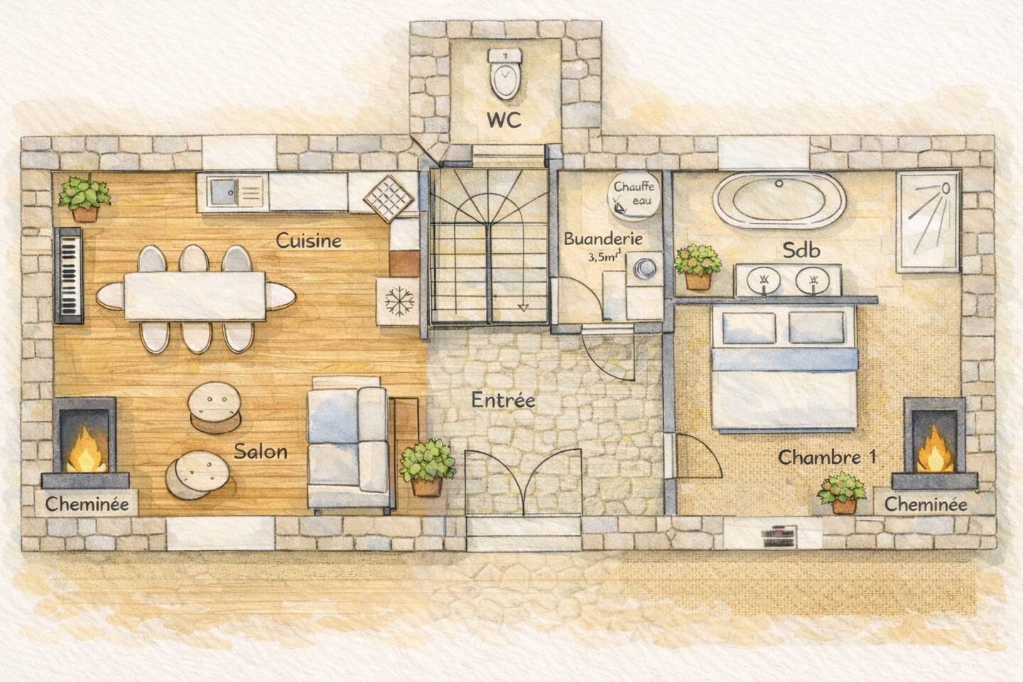 Plan du rez-de-chaussée : cuisine, salon, entrée, buanderie, WC, chambre 1 et sa salle de bain