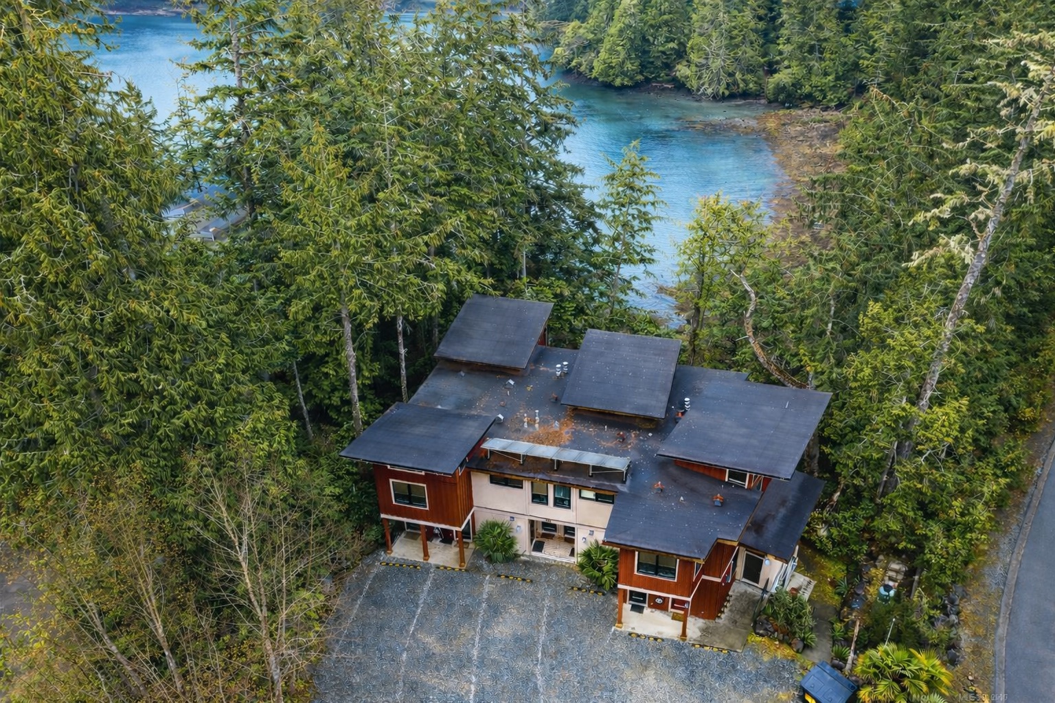 Coastal Rainforest Haven vu du ciel, niché dans la forêt face à l'anse