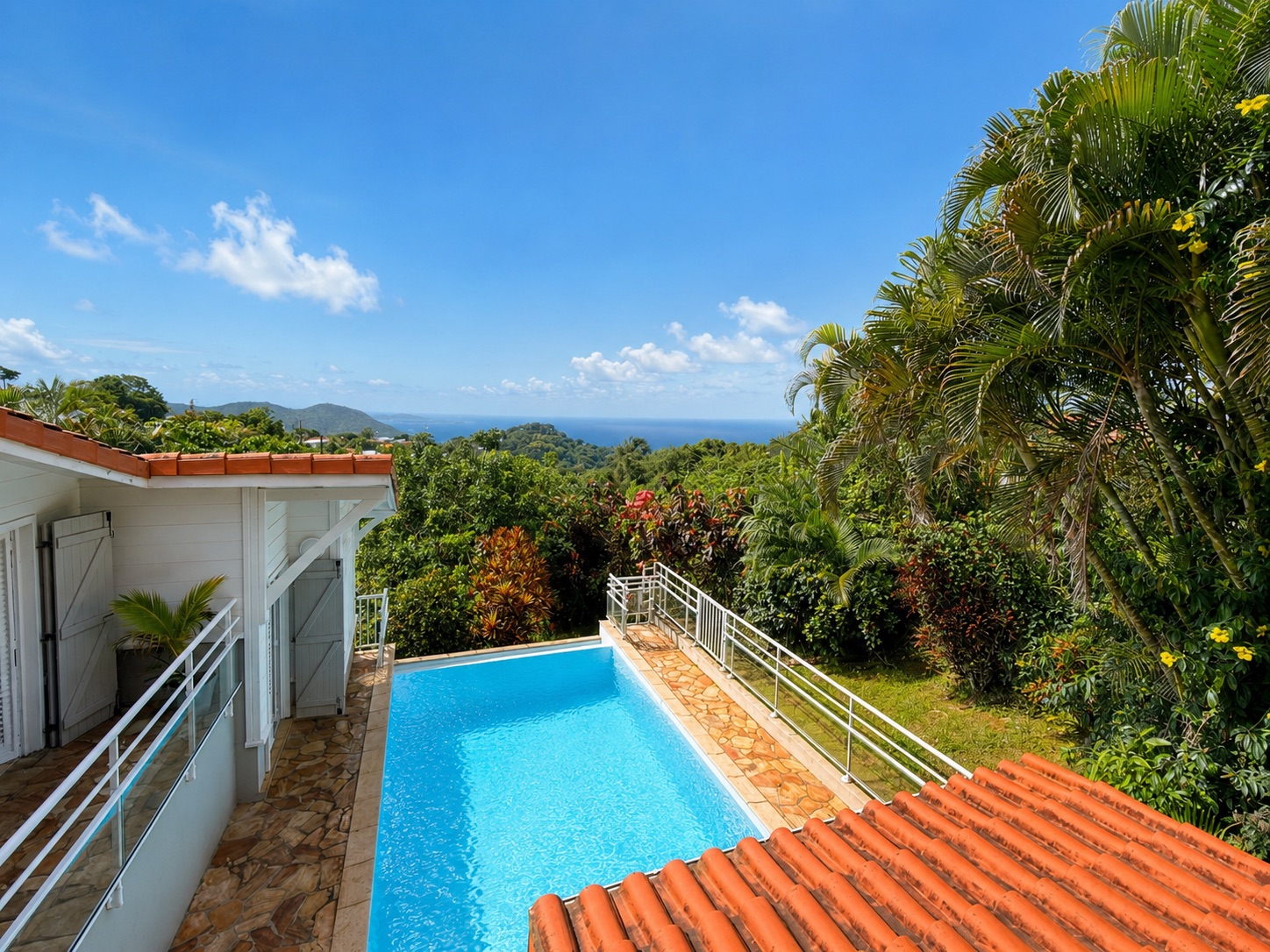 Vue depuis la villa sur la piscine, le jardin tropical et la mer au loin